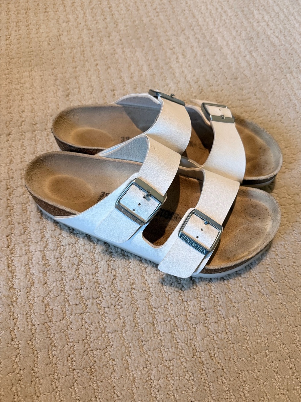 Birkenstock White Arizona Two-Strap Sandals with Silver Buckles Size 39